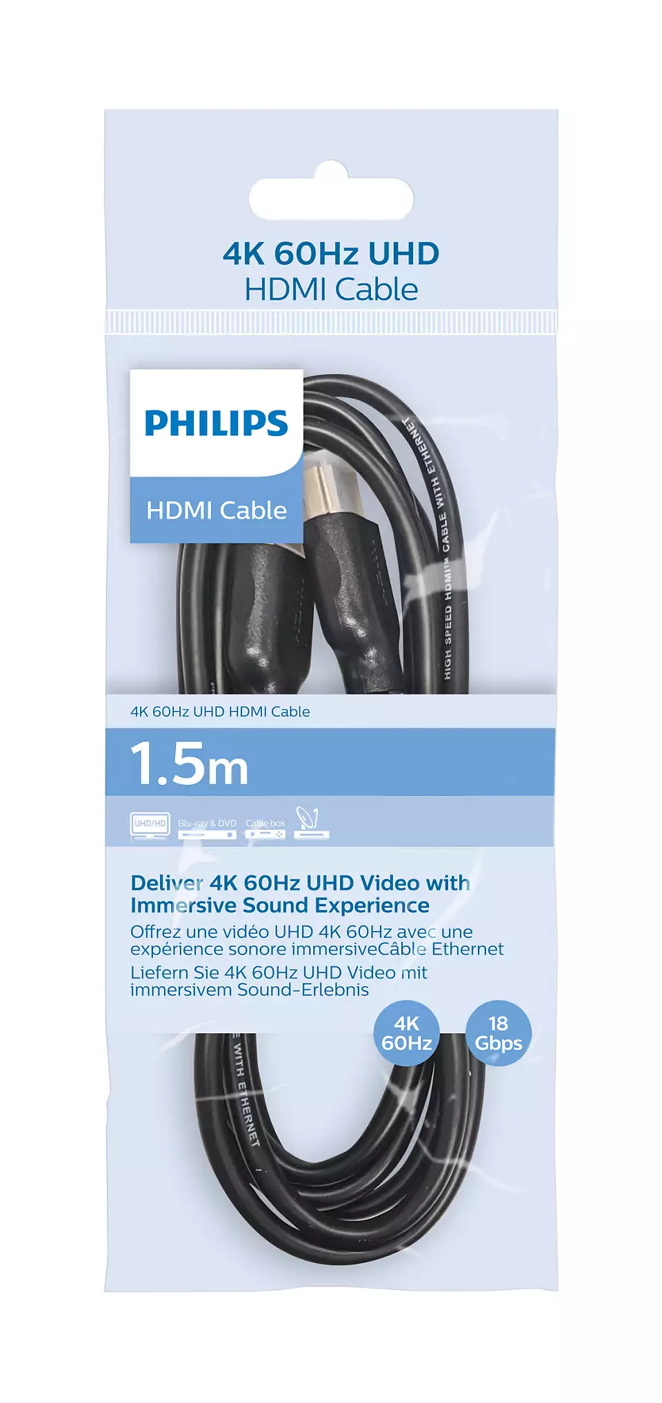 Philips 1.5Meter HDMI  cable 2.0, 4K 60 HZ, 18GBPS, 32AWG, POLYBAG