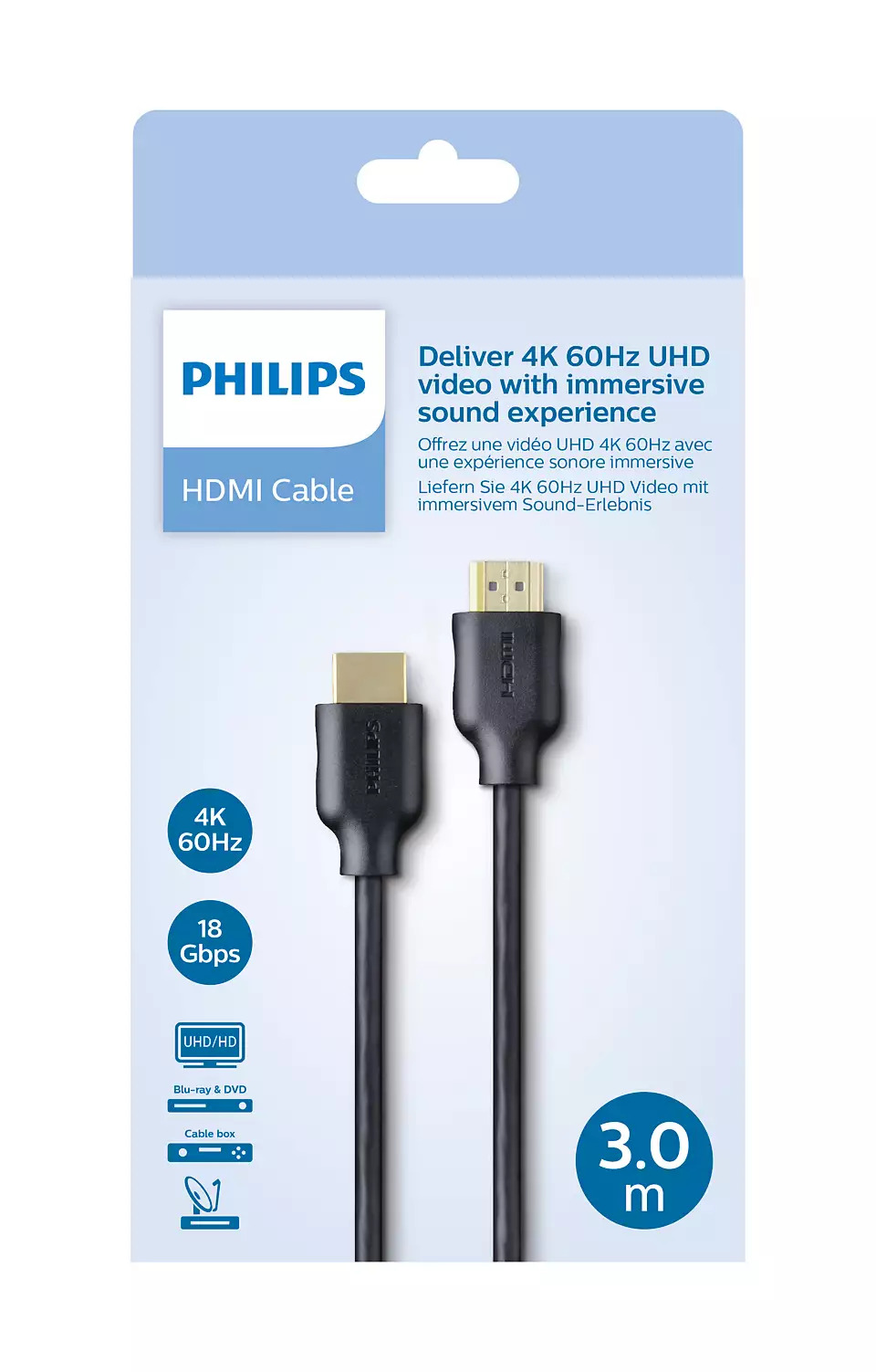 Philips 3meter Hdmi cable  2.0, 4K 60 HZ, 18GBPS, 32AWG, COLORBOX